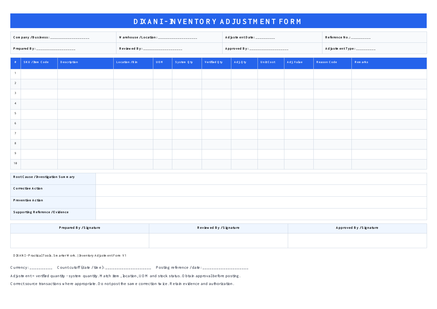 Inventory adjustment form with quantity, cost, reason, investigation and approval fields