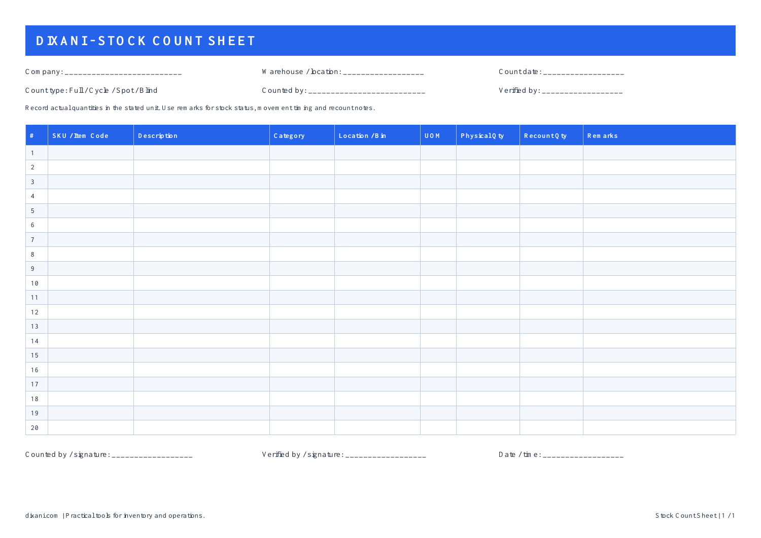 Stock count sheet with 20 blank rows, SKU, description, category, location, UOM, physical quantity, recount quantity and remarks columns, plus signature fields.